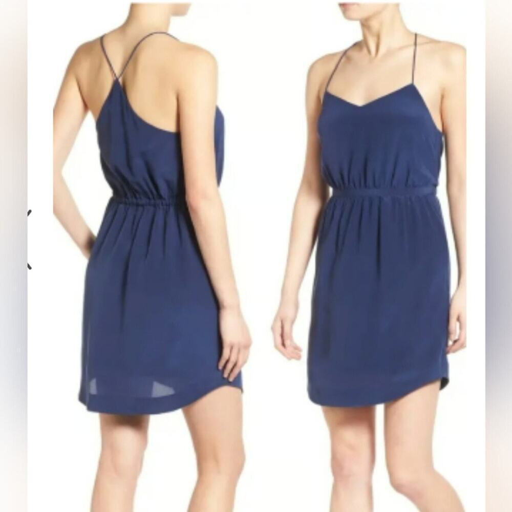 Madewell 100% Silk Starview Navy Blue Cami Slip Mini Dress 2 Spaghetti Straps